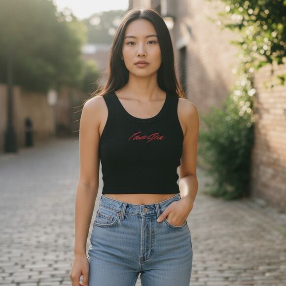 I AM GIA Black Red Embroidered Logo Ribbed Cropped Crop Tank Top XS Scoop Neck - Picture 1 of 5